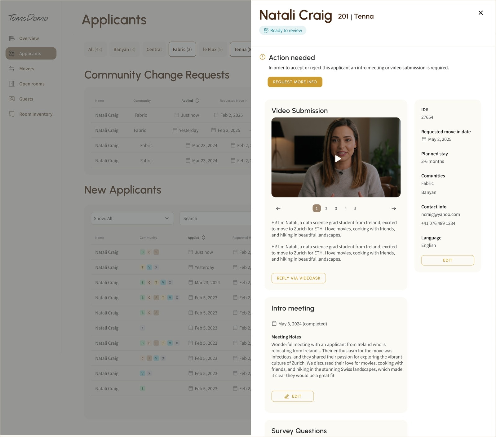 TomoDomo applicant profile and review